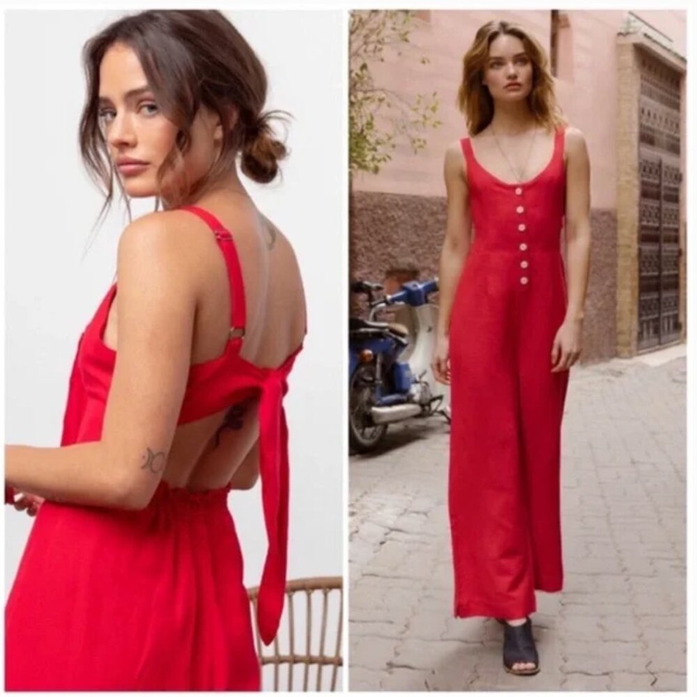 Rails Teresa Linen Jumpsuit Red Open Back Tie Wid… - image 2